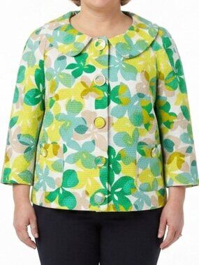 Josephine "Go Green" Textured Cotton Print Crop Sleeve Jacket NEW- Sz. 14P